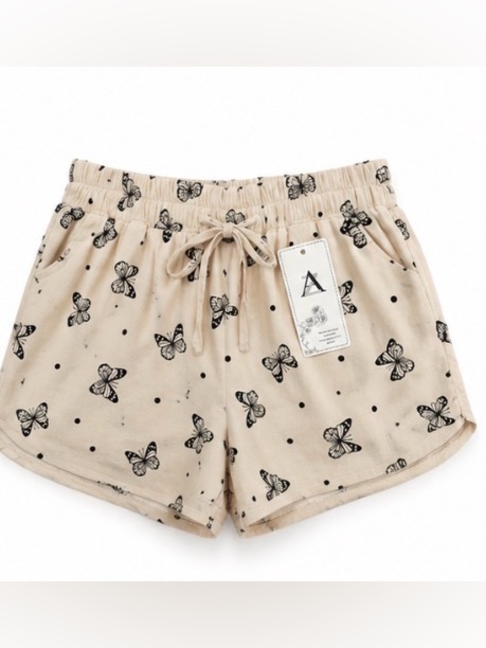 AZ NWT Butterfly Print Drawstring Shorts S/M Beige Black Cottagecore